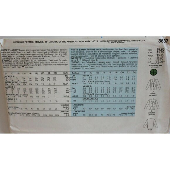 Butterick Sewing Pattern 3637 Misses Jacket Blazer Size 8-12 - Picture 2 of 2